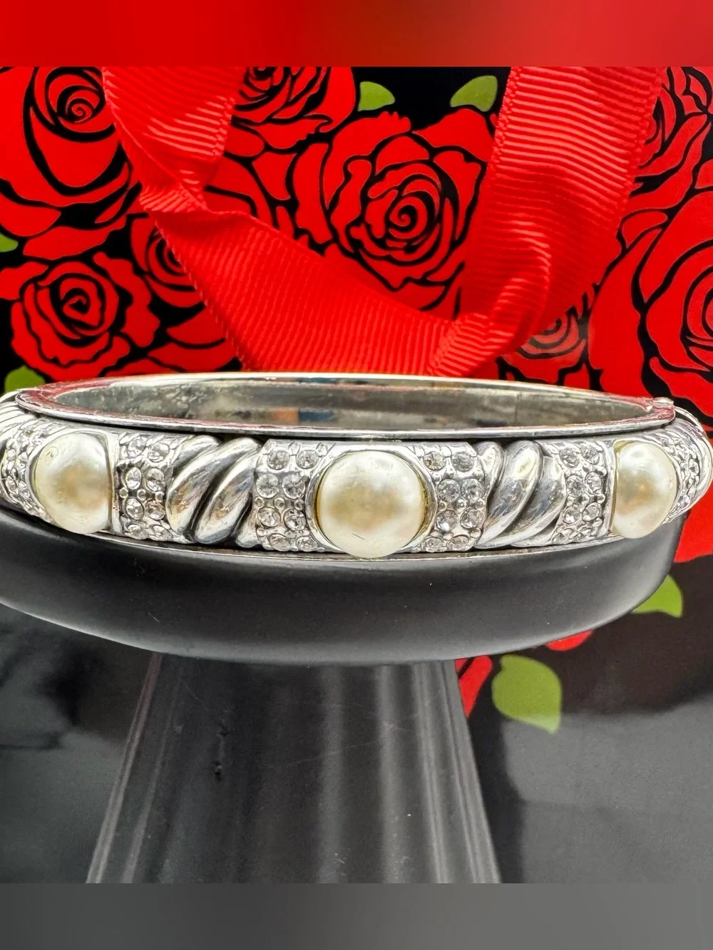 Brighton Silver-Tone Bangle Bracelet with Pearl & Crystal Accents - vintage